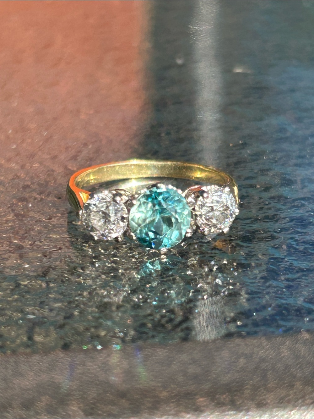 Antique 18k YG & platinum natural 1 carat blue zircon 1ctw diamond ring size 5.5
